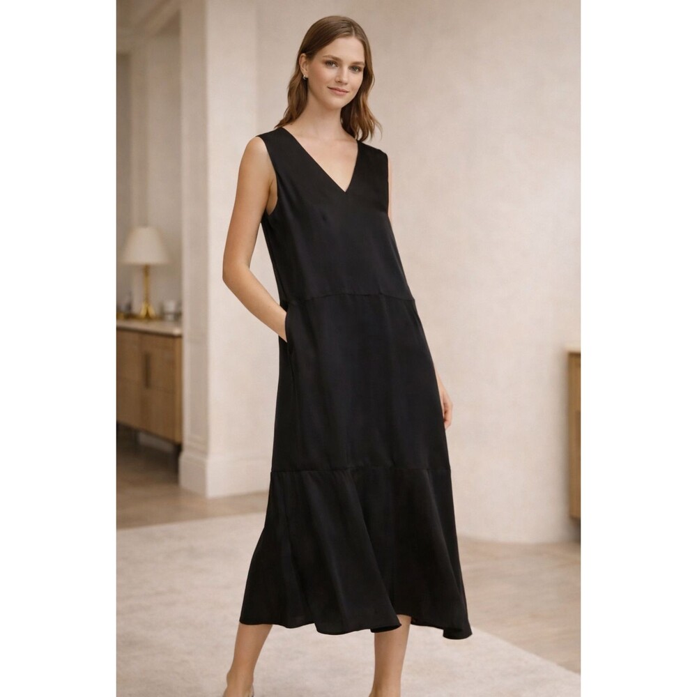 EVERLANE New Satin V- Neck Maxi Dress Black Sleeveless Beach Casual Classic XS